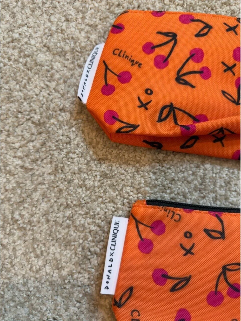Donald Robertson x Clinique Cherry Print Cosmetic Bag Lot of 2 Orange Pink New